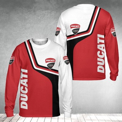 Custom Name Men's Ducati Corse Racing 3D Red White Long Sleeve Shirt S-5XL