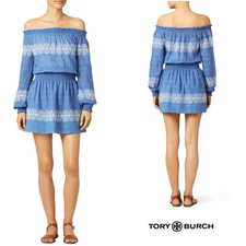 NEW Tory Burch Loretta Off The Shoulder Embroidered Mini Dress Smocked Medium