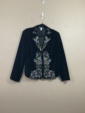 VTG Womens Embroidered Floral Velvet Blazer M Black Y2K Whimsigoth Cottage Witch