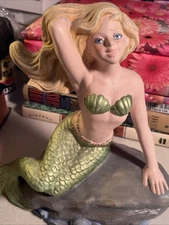 Atlantic Mold Mermaid on Rock Ceramic Statue Vintage 1970s Signed Hand Painted