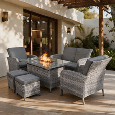Rattan Wicker 6 - Person Seating Group with Cushions Gas Fire Pit Table Set