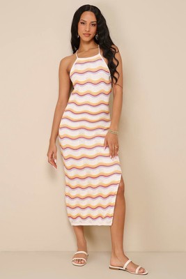 Lulus size Small Women's Ivory Striped Crochet Lace-Up Halter Midi Dress  NWT | eBay