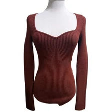 Abercrombie & Fitch Burgundy Sweetheart Ribbed Long Sleeve Bodysuit Fitted Small