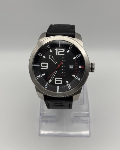Tommy Hilfiger 45mm Silver Tone Black Date Day Leather Men's Wrsit Watch
