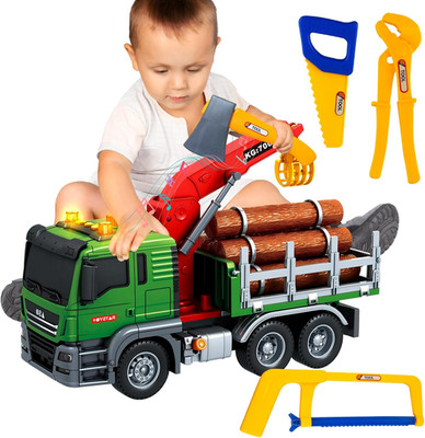15 Inch Friction Powered Timber Truck Toy with Loading Crane, 6 Wooden Logs & Li