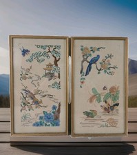 Pair Of Chinese Hand Embroidered Picture Panels On Linen Pagoda Peacock Vintage