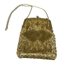 Vintage Walborg 60s Gold Hand Beaded Evening Bag Chain Strap Kiss Lock