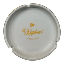 Vintage The Raphael Hotel Chicago White Ceramic Ashtray Gold Logo Mid Century