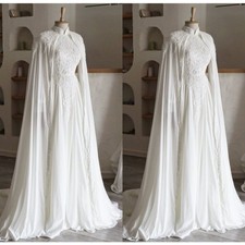 Muslim White Wedding Dresses with Cape A Line Chiffon Elegant Ivory Bridal Gowns