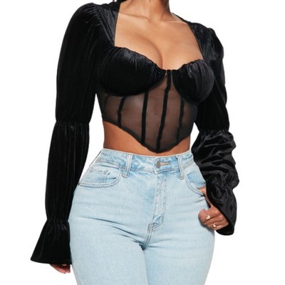 Black Velvet Corset Top Womens XL Puff Sleeve Mesh Whimsigoth Vampire Goth Dark