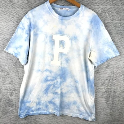 Zara T-Shirt Unisexe L Bleu Blanc Tie-Dye Pastel Logo P Graphique Coton Col Rond - Photo 1/4