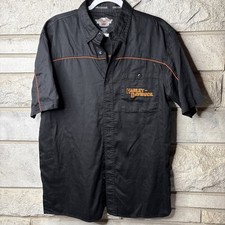 Harley-Davidson Men's M Black Orange Short Sleeve Button Up Work Shirt Vtg