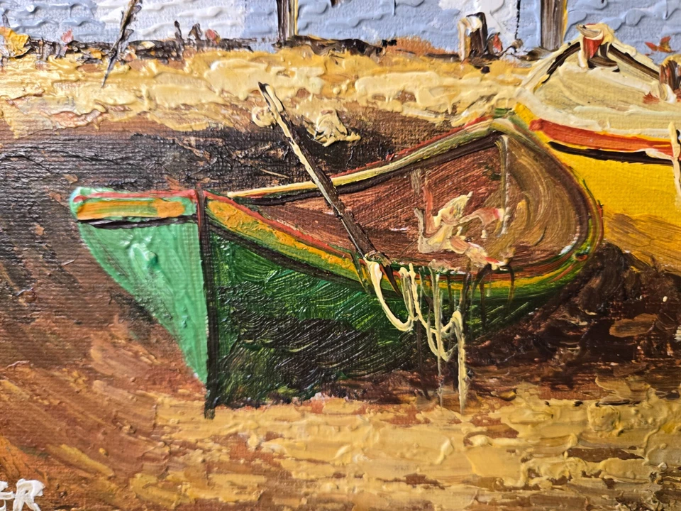 Винтажный морской пейзаж масло на холсте/доске "Row лодки выброшены на берег" оригинальная работа H. Weller - Изображение 3 из 4