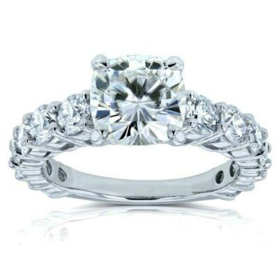 2ct Cushion Cut Moissanite Solitaire Ring White Gold Plated Round Accents