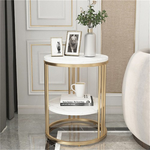 Versatile Gold End Table 2-Tier Marble Round Accent Sofa Side Table Nightstand - Picture 9 of 14