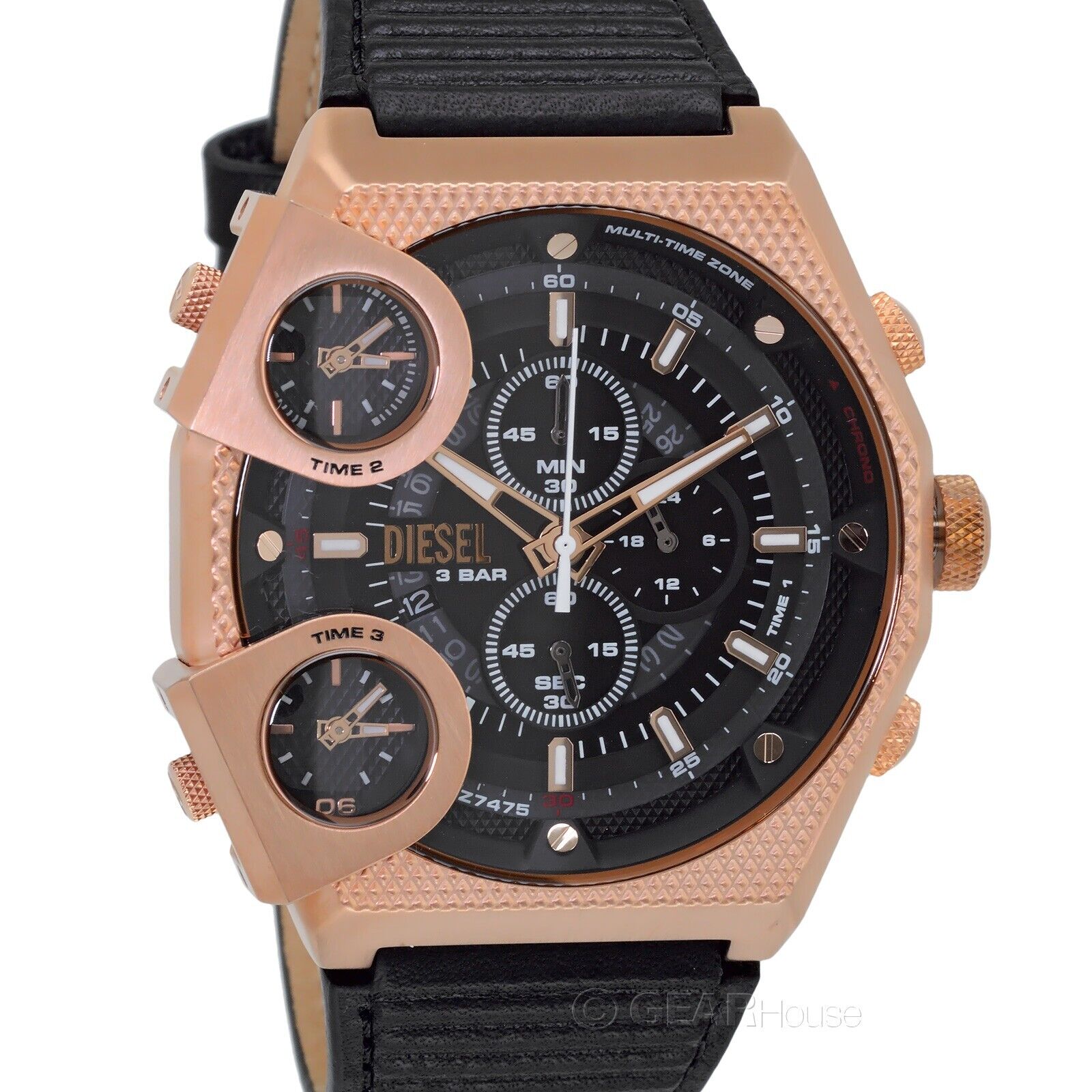 DIESEL Sideshow Mens 3-Time Rose Gold Chronograph Watch Black Dial Leather  Band | eBay
