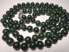 VINTAGE Long 34" Dark Green JADE 8mm BEAD Hand Knotted NECKLACE Sterling Clasp