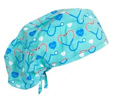 Big Hair Bouffant Blue Green Stethoscope Doctor Nurse Scrub Cap Hat