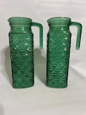 Green Glass Refrigerator Pitchers With Handles Triangular Pattern 9.5" Set Of 2