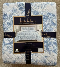 Nicole Miller Full/Queen Quilt Set Blue Abstract Paisley 100% Cotton 2 Shams NIP