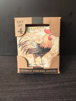 CARSON Absorbent Stone Coasters Rooster Set of 4 Vintage New Cork Bottoms