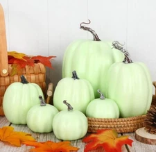 Green Artificial Pumpkins 7Pcs Assorted Sizes Fake Foam Harvest Halloween Farm