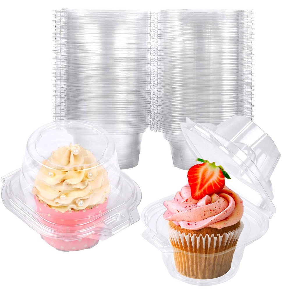 100-Pack Plastic Cupcake Containers with Lids for Baking and Gifting