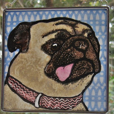 Pug with collar  Windshop stained glass Dog suncatcher 4''x 4'' #127