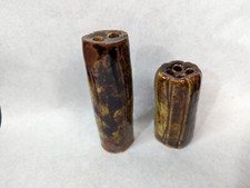 Pair Brown Glazed Art Pottery Tower Flower Frogs 2/4 Hole Holders Signed EXC