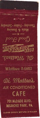 Di Matteo's Cafe Milmont Park PA Vintage Matchbook Cover 1960s