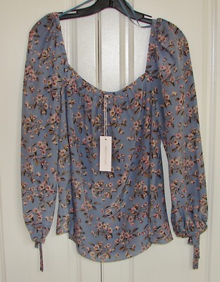 NWT Rebecca Taylor size Large wedgewood blue silk floral Tilda top tie sleeves