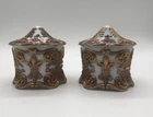 Vintage Rainbow Art Glass Milk Glass Jars Hand Painted Floral Gold Set Of 2