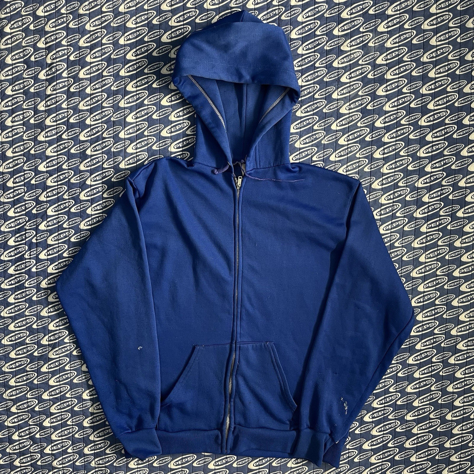 Men’s Vtg 70s Sears Kings Road Royal Blue Full Zip Hoodie Polyester Sz L