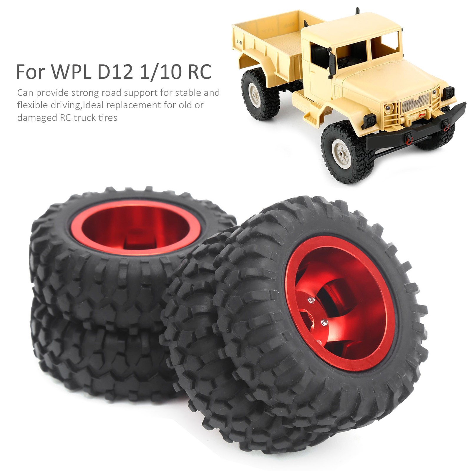 (Red)2Pcs RC Rear Tire Wheel Tyre 55mm Dia Fit For WPL D12 1/10 Remote HG.
