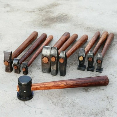 Set of 10 Black Iron Hammer Blacksmith, Wooden Handle Heavy Duty Forging Tools,