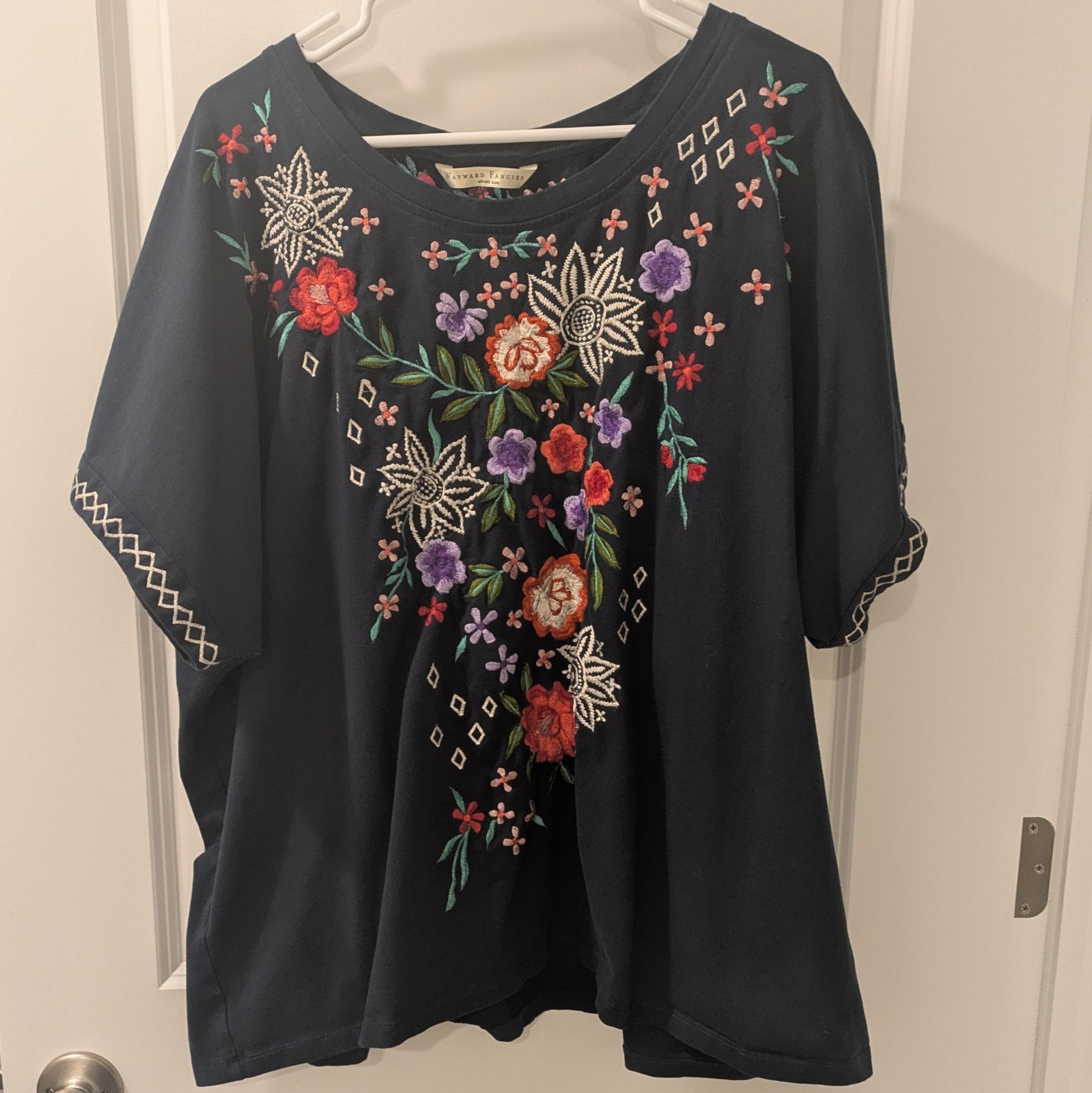 Wayward Fancies eShakti Womens Top 3X 26W Embroidered Floral Short Sleeve Blue