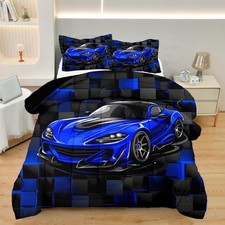 Race Car Full Boy Bedding Set, Blue Sports Car Comforter Set Full Size for Bo...