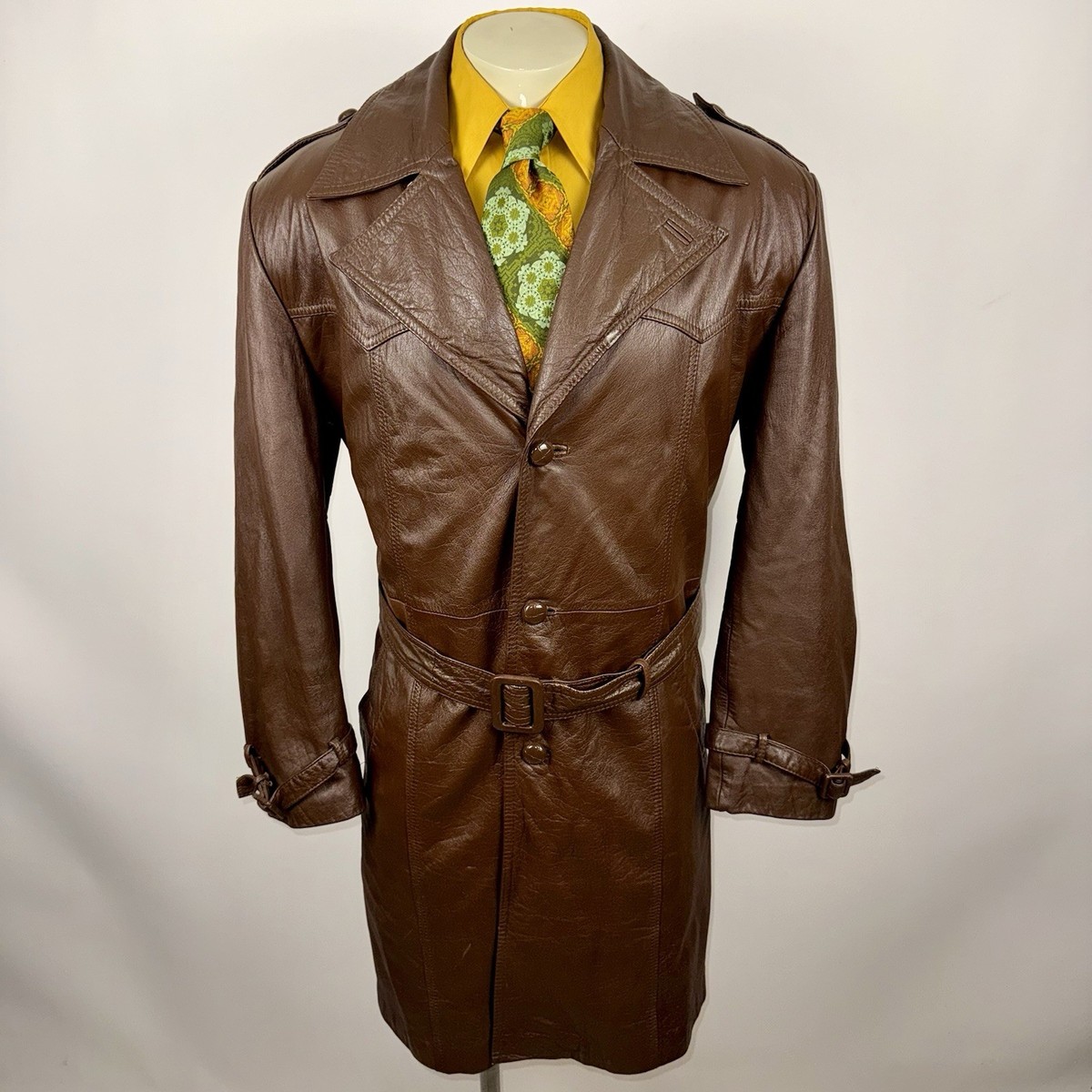 ジャケット・アウター vintage leather trench coat Vintage Sears Leather Jacket Mens 46 Trench Coat Belted Disco Mod