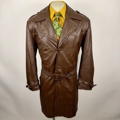 Vintage Sears Leather Jacket Mens 46 Trench Coat Belted Disco Mod