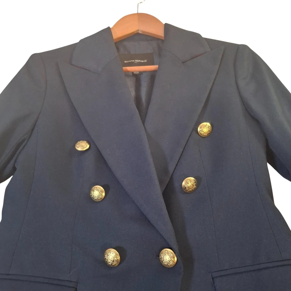 Blazer Banana Republic Mujer Petite 2 Azul Marino Doble Pecho Dorado Botones Foto 3 de 4