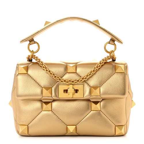 Valentino Garavani Gold Metallic Quilted Nappa Medium Roman Stud Rockstud Bag