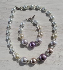 Girls Multicolored Imitation Pearl Jewelry Set - Necklace and Matching Bracelet
