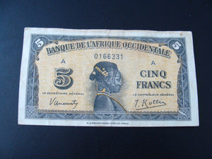 1942 BANQUE DE L'AFRIQUE OCCIDENTALE 5 FRANCS NOTE  FRANCH WEST AFRICA CIRC.