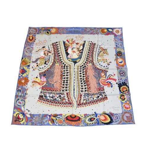 Hermes Costume de Fete 90 Silk Square Scarf White Light Blue