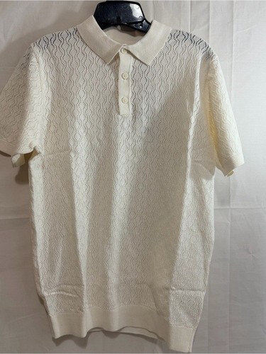 Threadbare Men’s Open Knit Short Sleeve Polo Top in Cream Small