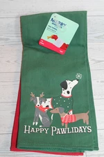 Set of 2 Holiday Tea Towels "Happy Pawlidays" Christmas Dogs Kitchen Towel Set