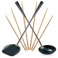 Pre-Seasoned Wok Utensils Set - Blue Carbon Steel 17-inch Wok Spatula, Wok La