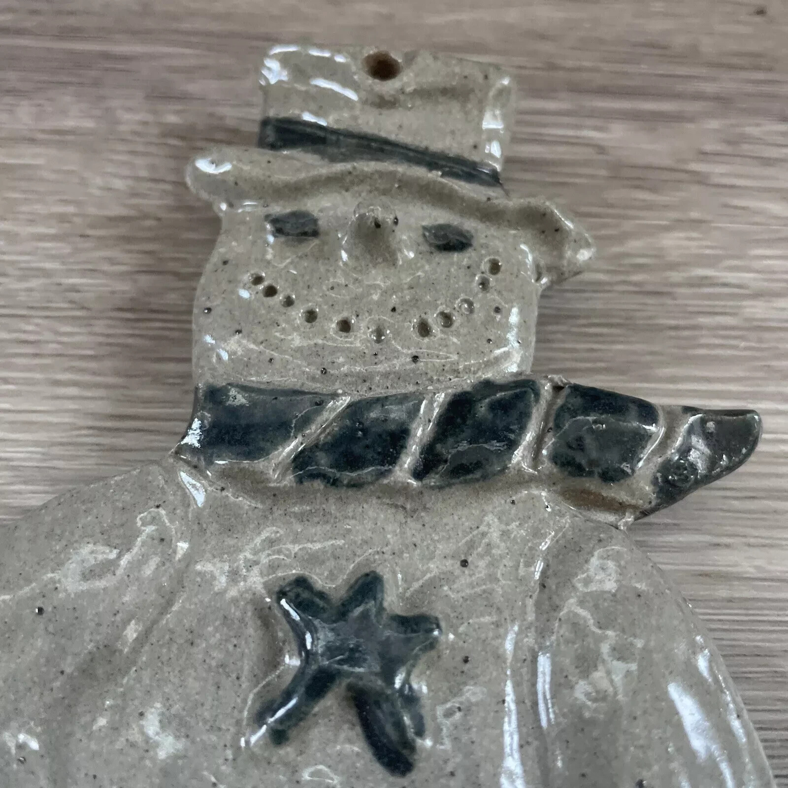 Rowe Pottery Blue & Gray Salt Glaze "Snowman" Christmas Ornament 1993 5.5” Big