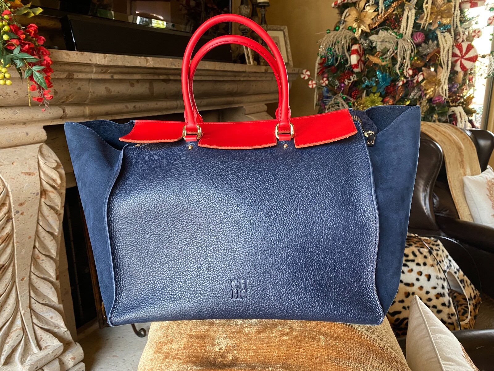 Large CH Carolina Herrera Navy Blue and Red Vendome Tote Handbag #2