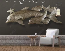 3D Gold Dolphin Bird Self-adhesive Removeable Wallpaper Wall Mural